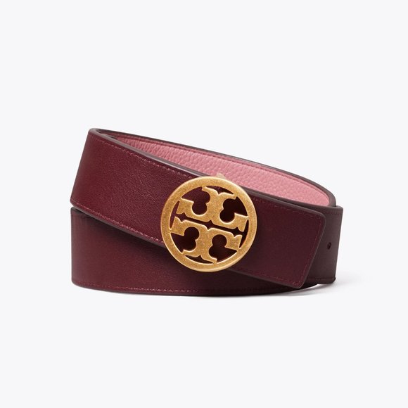 Tory Burch Reversible Logo WIDE Belt Burgundy Port Pink Magnolia - Picture 8 of 9